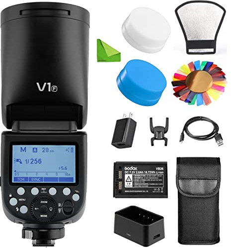 Godox V1 V1-F Blitz für Fuji Fujifilm Kamerablitz Speedlite 1/8000 HSS, 480 Blitze mit voller Leistung, 1,5 s Wiederaufladezeit, 76 Ws 2600 mAh Li-Ionen-Akku TTL-Rundkopfblitz Godox Blitz für Fuji