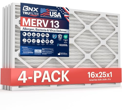 BNX TruFilter 16x25x1 Air Filter MERV 13 (4-Pack) - MADE IN USA - Electrostatic Pleated Air Conditioner HVAC AC Furnace Filters for Allergies, Pollen, Mold, Bacteria, Smoke, Allergen, MPR 1900 FPR 10