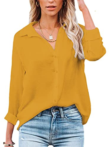 NONSAR - Camicia da donna con scollo a V, elegante, a maniche lunghe, casual, da lavoro, con bottoni, giallo., XL