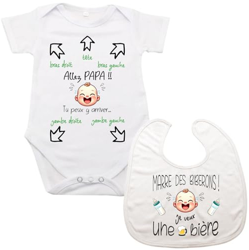 maroma [14-3] Bavoir Marre des Biberons et Body /3 Mois/Tu Peux y Arriver Bébé/Body Futur Papa Cadeau Original Humour (Blanc, 3 Mois)