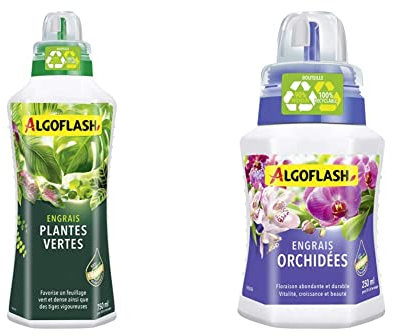 ALGOFLASH Engrais Plantes Vertes, Bouchon Doseur Inclus, 750 ml, ALIPAV750N & Engrais Orchidées, Bouchon Doseur Inclus, 250 ml, ALIORC250
