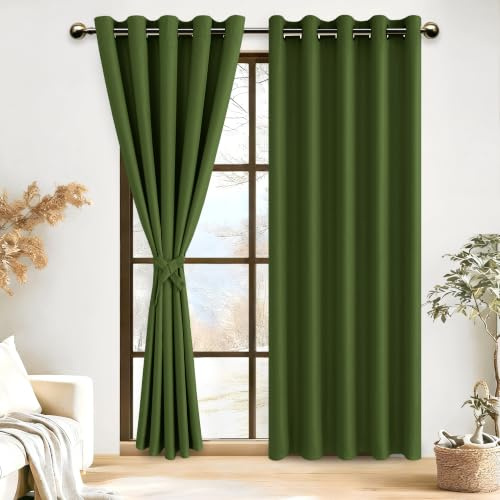 DWCN Green Blackout Curtains 90 x 90 Inch with Tiebacks for Bedroom Thermal Insulated Solid Eyelet Curtains for Living Room,2 Panels,90 Wide x 90 Drop