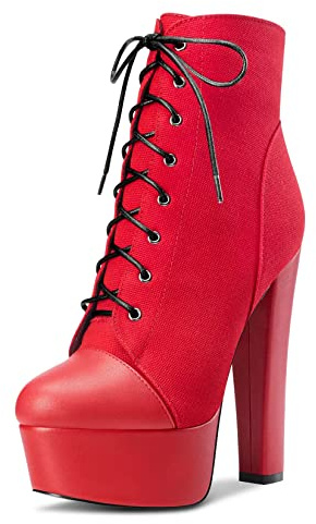 NobleOnly Femmes Bloc Chunky Plate-forme Haut High Talon Heel Rond Bout Lacets Fermeture à Glissière Bottines Classique Chaussures Rouge 45 EU