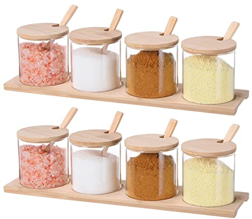 Zubebe 8 Pcs 10 oz Clear Glass Seasoning Jar with Wooden Lid and Spoon Adorable Sugar Condiment Jar Canisters Pot Set Bath Salt Sugar Storage Container Box for Home Cafe Kitchen