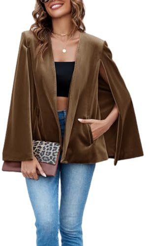 Cicy Bell Damen Samt Cape Blazer Jacken Casual Split Langarm Open Front Coat, Khaki, L