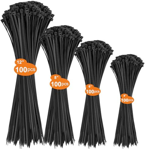DUNSOO Kabelbinder 400 Stück Kabelbinder Set 100/150/200/300mm kabelbinder Schwarz Kabelbinder UV Beständig Temperaturbeständig, Chemische Resistenz Cable Ties Heavy Duty Starke Zip Ties