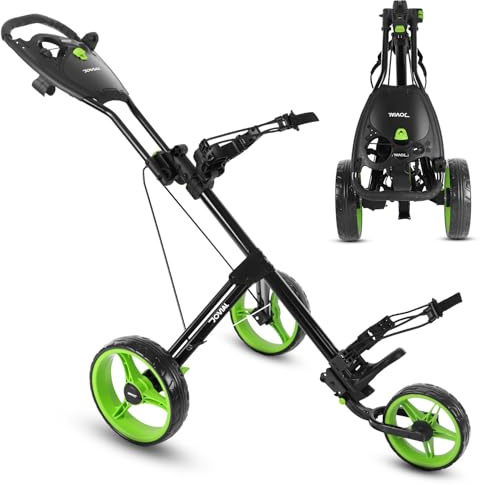 JOVIAL Junior 3-Wheel Golf Push Pull Cart – Lightweight Foldable Aluminum Frame with Deluxe Scorecard Holder, Padded Adjustable Handle, Bag Holder Straps, Quick Braking System & Compact Storage