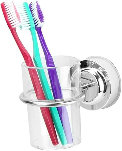 Daaxing No-Drilling Suction Cup Toothbrush Holder With Cups, Wall Mounted 304 Stainless Steel Toothpaste Glass Tumbler for Lavatory, Bathroom