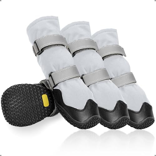 OHCOZZY Scarpette Cane Antiscivolo con Cinghie Riflettenti, Alti Stivali per Cani Impermeabili, Resistenti all'Usura, Suola in Gomma per Cani per Cani Piccoli Medi Grandi 4 Pezzi(XL, Grigio)