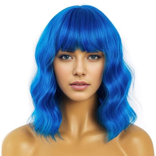 Aweisile Breve Ondulato Bob Parrucca per Le Donne Parrucca Corta Blu da Donna Parrucca da Donna con Capelli Sintetici Capelli Sintetici Parrucche con Frangetta Parrucche Ondulate con Frangia