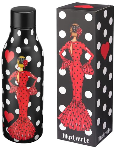Botella térmica 500 ml acero inoxidable sin BPA – flamenca fondo negro – idea de regalo – illustrArte – María Rojo