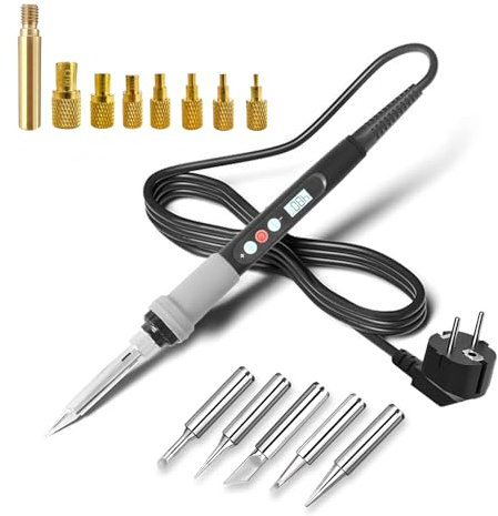 HANDSKIT Soldadores de Estaño,Soldador Eléctrico 90W Temperatura Ajustable 180-480°C y Pantalla LCD Digital,5 Pcs Puntas Diferentes,7 Pcs Insertos Roscados,para el Uso Diversamente Reparado