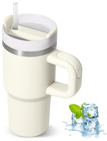 ZAKVOP Taza Termo cafe para Llevar, Taza Termica 410ml con Tapa y Pajitas, Vaso Termico con Asa, Tumbler para Frío y Caliente, Travel Mug (Blanco Crema)