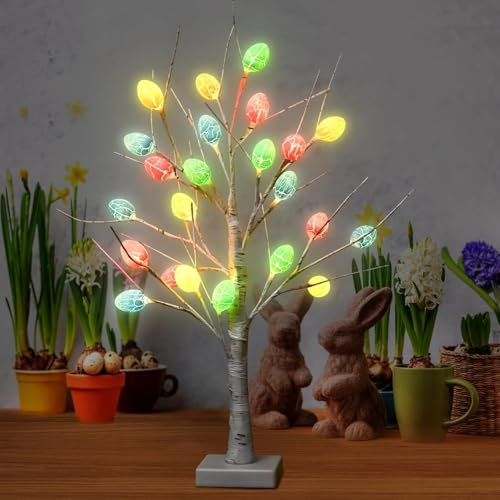 Funmo Osterdeko Osterbaum Licht, Ostereierbaum mit 24 Warmweiß LED Lichterbaum mit 12 Eier, Batteriebetrieben Künstlicher Baum Osterdekoration, für Ostern Festival Party Geburtstag Kinder Geschenke