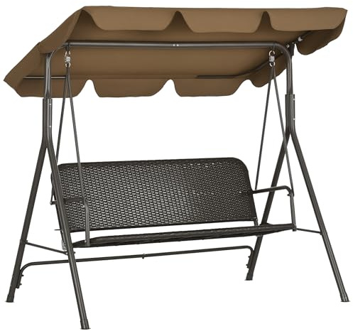 Outsunny Columpio de Jardín Exterior de 3 Plazas Balancín de Jardín Exterior con Toldo Ajustable Asiento de Ratán PE y Reposabrazos para Balcón Terraza Patio Carga 240 kg 167x112x153 cm Marrón
