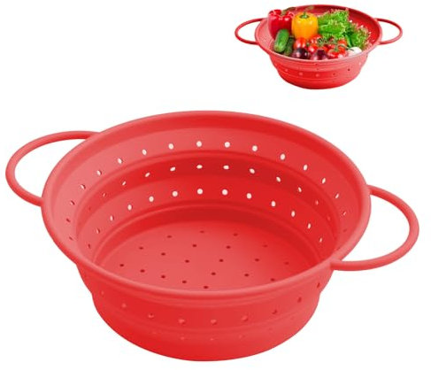 Passoire Pliable Silicone, Pliable Passoire Pliante, Bassin Filtrant Pliable pour la Cuisine, Portable Panier, Facile à Nettoyer, Compacte et Pliable, Passoire en Silicone, 21,5cm, Rouge