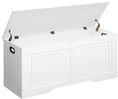 MAHANCRIS Storage Chest, 43.3” Toy Box, Entryway Storage Trunk, Shoe Bench with Storage, Engineered Wood Storage Cabinet with 2 Safety Hinges, Entrance Bench for Living Room, White SCWT2101