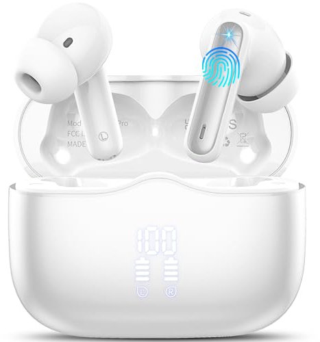 Wireless Earbuds, Bluetooth 5.4 Headphones in Ear 3D Bass Stereo, 40H Wireless Earphones with 4 ENC Noise Cancelling Mic, IP7 Waterproof Bluetooth Earbuds LED USB-C, Hands-Free Calls with AI, White