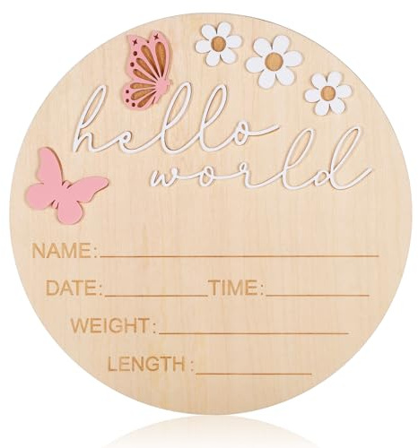 Hello World - Cartello in legno per neonato, 15 cm, con farfalla rosa, bacheca di benvenuto per neonati, ragazzi, ragazze, accessori per foto, baby shower, ospedale, asilo nido (bianco)