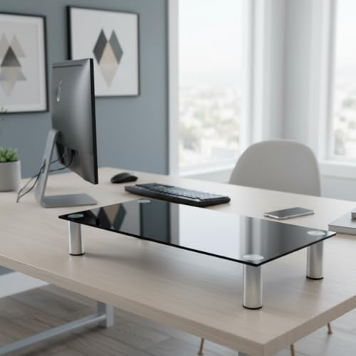 Mucola Bildschirmerhöhung 100cm TV-Aufsatz Schwarz Monitorerhöhung bis 30kg belastbar Glasaufsatz für TV Bildschirmständer