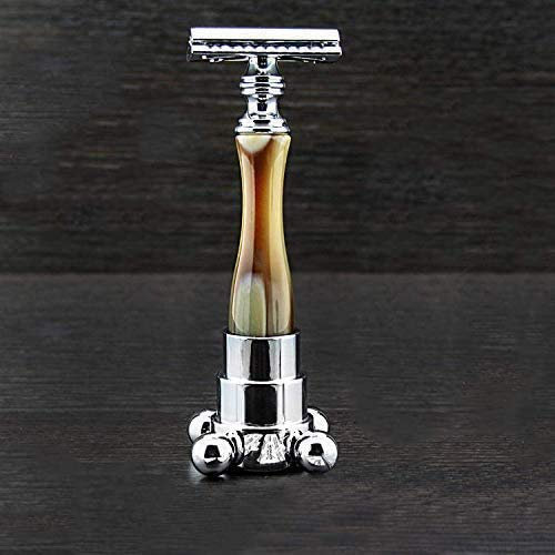Double Edge Safety Razor & Razor Holder || Horn Luxury Shaving Collection - Special Duo || Horn Unbreakable Resin Handle & Steel Display Holder - Modern Classics