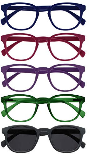 OPULIZE Pop Pack 5 Gafas De Lectura Con Lectores De Sol Retro Azul Rosa Púrpura Verde Gris Hombres Mujeres RRRRS2-34567 +3,00
