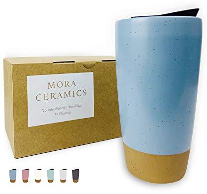 Mora Double Wall Ceramic Coffee Travel Mug with Lid, 14 oz, Portable, Microwave, Dishwasher Safe, Insulated Reusable Tall Cup, Splash Resistant Lid - To Go Tumbler for Car Cup Holder, Dusty Blue