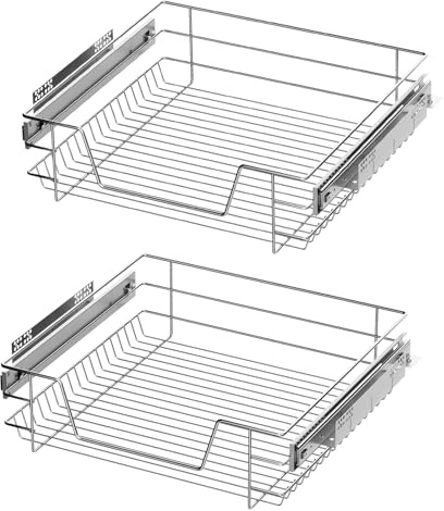 XEMQENER 2 Pcs Kitchen Pull Out Wire Baskets Drawer Storage for 500mm Units | Heavy Duty Slide Out Drawers, Telescopic Kitchen Utensil Holder Rack, Larder Drawers Organise, With Buffer, 47x44x14cm