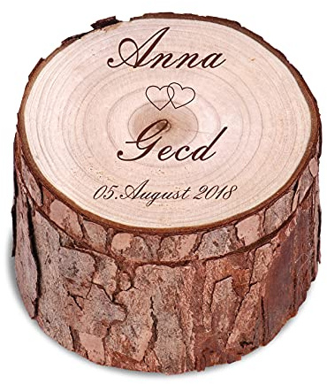 OXYEFEI - Caja Anillos Boda Personalizada,Troncos Madera Decoracion Cajas para joyas para Anillos,Joyas,Pendientes y Collares,Texto y fecha grabados (Color madera)