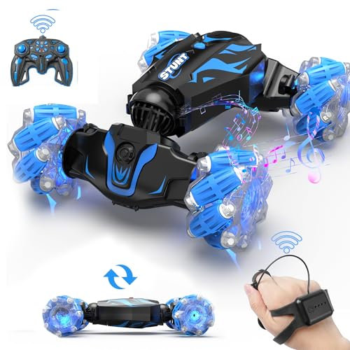 BEZGAR Remote Control Cars - Gesture RC Car with Lighting Sound & Smoke Effects, 2.4Ghz Hand Controlled Stunt Car for Kids, Rechargeable Toy Cars Birthday Gifts for Boys & Girls, Blue
