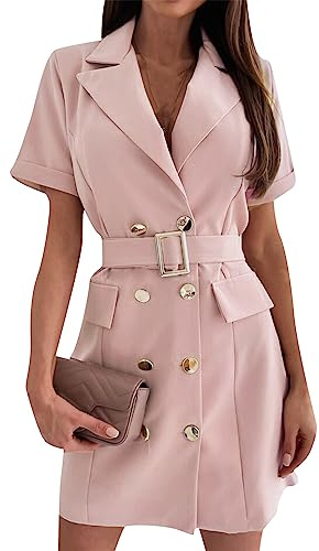 YMING Robe Blazer croisée pour Femmes Robe de Tailleur étroite à Revers avec Ceinture Rose M