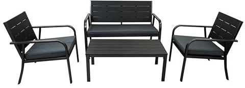 Totò Piccinni Set CUBA Salottino Completo di Divano 2 Poltrone e Tavolino Struttura in Metallo e piano in Polietilene con Cuscini (Nero)