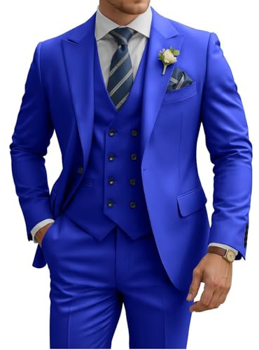 TIJOFA 3 Piece Suit Men Slim Fit Double Breasted Suit for Men Wedding Suits Classic One Button Formal Prom Dinner Tuxedo, Royal Blue, M
