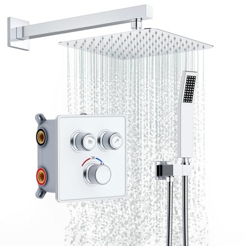 Rainsworth Système de Douche encastrable avec thermostat 38℃ Chromé, débit d'eau réglable, Ensemble de Douche Set avec Tête de Douche Carrée 25 * 25cm, Pommeau de Douche, Mitigeur en Laiton