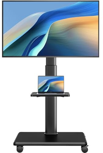 AX WABER Soporte universal para TV de piso, soporte portátil con ruedas, giro de 80 grados de altura ajustable para televisores LCD LED OLED de 27 a 65 pulgadas, soporta hasta 88 libras de carrito de