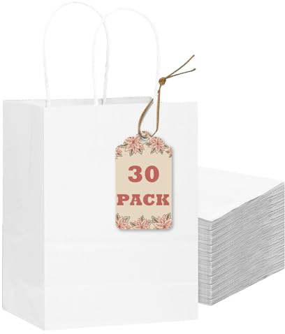Gcardist 30 paquetes de bolsas de regalo blancas con asas a granel 8.3x6x3.15 tamaño pequeño bolsas de papel múltiples usos (15x8x21cm, tamaño pequeño)