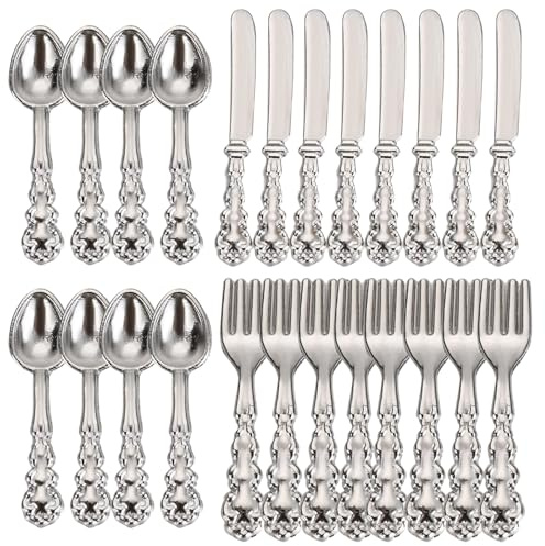 HoveeLuty Posate per casa delle Bambole, Set da 24 Pezzi, stoviglie per casa delle Bambole in Miniatura, Posate in Lega con Manico inciso, Accessori Fai da Te per, Mini forchette, Access