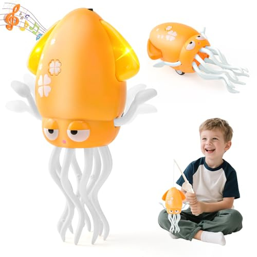 LTFIOON Pulpo Bailarín Eléctrico con LED y Música - Juguete de Pulpo Bailarín, 2 Modos (Baile & Gateo), Evitación Automática de Obstáculos, Regalo Mágico para niños y niñas (Amarillo)