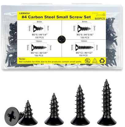 600 pcs Black Wood Screws,M3 Self Tapping Screws,Small Wood Screw Set,Suitable for Furniture, Woodworking, DIY Model Fixing(6mm,8mm,10mm,12mm)