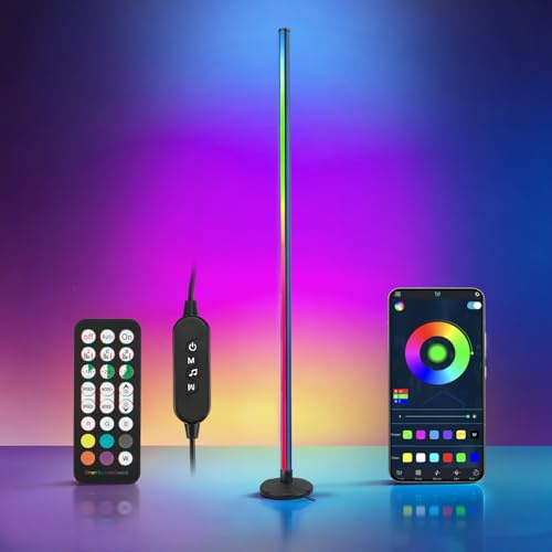 Delousiber Smart LED Floor Lamp, RGBIC Corner Lamp with APP & Remote Control, Music Sync, 1000+ Colour Modes, Dimmable Standing Lamp for Living Room, Bedroom, Gaming Room Decor