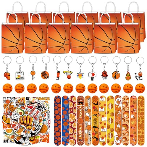 Eymobad Kit de fête de basket-ball, 98 pièces avec sacs cadeaux de basketball, bracelet à boucle, porte-clés, mini balles de stress et autocollants pour anniversaire d'enfant et décoration