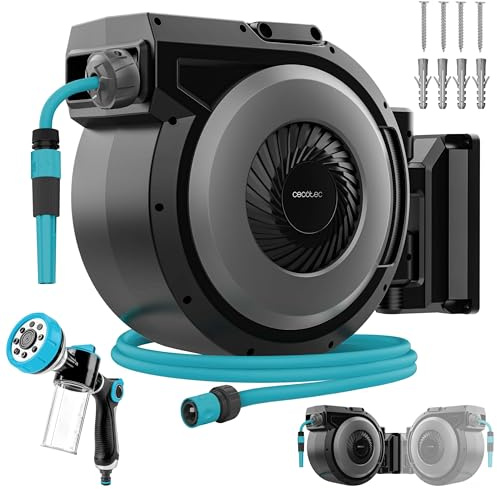 Cecotec Carrete de Manguera 20m HydroShell 200 Pro. Enrollador Automático con SlowReturn y Smooth Technology, Manguera 3 Capas, Cepillos de Limpieza, Pistola 8 Funciones con Depósito para Jabón