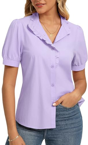 GRACE KARIN Women's Cotton Button Shirt Elagent Ruffled Stand Collar Top Dressy Short Puff Sleeve Blouse Light Purple XL