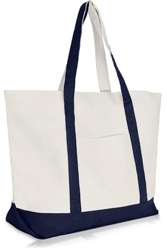 DALIX 22 Large Cotton Canvas Zippered Shopping Tote Grocery Bag in Navy Blue