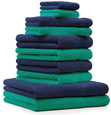 Betz 10-TLG. Handtuch-Set Classic 100% Baumwolle 2 Duschtücher 4 Handtücher 2 Gästetücher 2 Seiftücher Farbe smaragdgrün und dunkelblau
