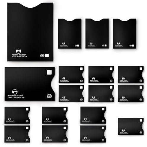 ALPINE RIVERS RFID Blocking Sleeves 18 Pack - 14 Top-Load Credit Card Protectors and 4 Passport Sleeves, 13.56 MHz NFC Blocker, Professional Black