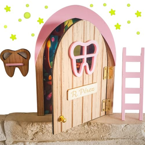 7GANSOS Puerta Ratoncito Perez que SE ABRE!! obra de artesanía en madera con accesorios y estrellas luminiscentes que BRILLAN DE NOCHE * rosa* Decoración habitación infantil