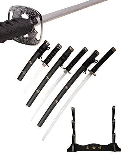 Schwert Set - Katana Schwert, Wakizashi, Tanto - Samurai Schwert aus Stahl - Samurai Schwerter als Anime Deko - Japanisches Sword mit Schwertständer - Ninja Schwert (TL492-395CA-3PCS)
