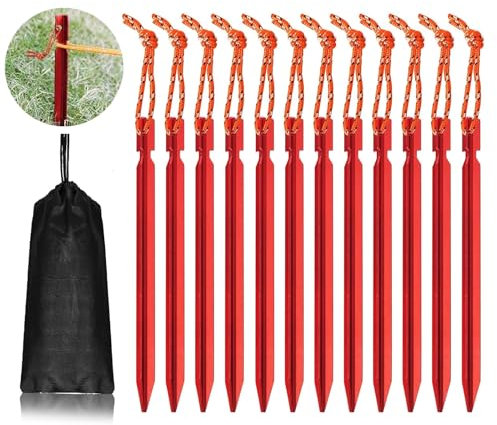 FAINCA 12 Stück Zeltheringe, Heringe Camping, Zeltheringe Sturmsicher, Superleicht Bodenanker, Zelt Heringe Stark, für Harte Böden Ideal, Garten, Angeln, Camping, Strand (Rot)