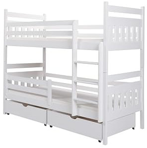 KEF-MEBLE KEF Philipp Etagenbett Kinder 80x180 cm - Holz Kinderbett - für Zwei Kinder - Holzbett mit Schubladen - Massivholz Kinder Bett mit Lattenrost - Weiß - mit Matratze - Leiter Universal